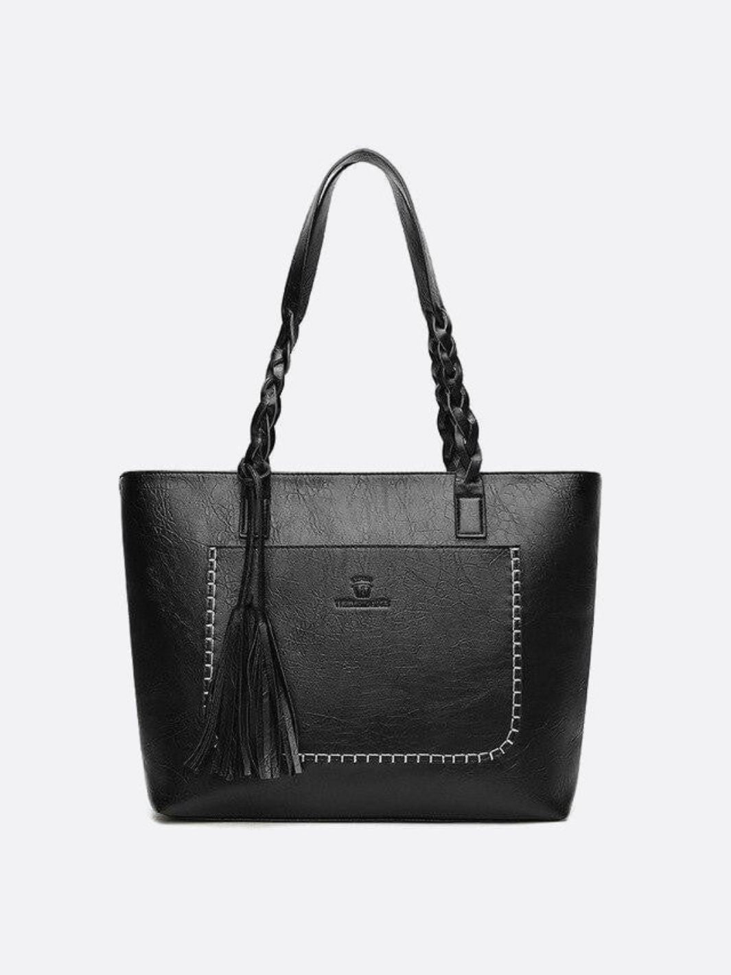 Boho Leather Tote Bag – Braided Straps & Tassel Charm - in Black | Arvea Bags