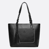 Boho Leather Tote Bag – Braided Straps & Tassel Charm - in Black | Arvea Bags