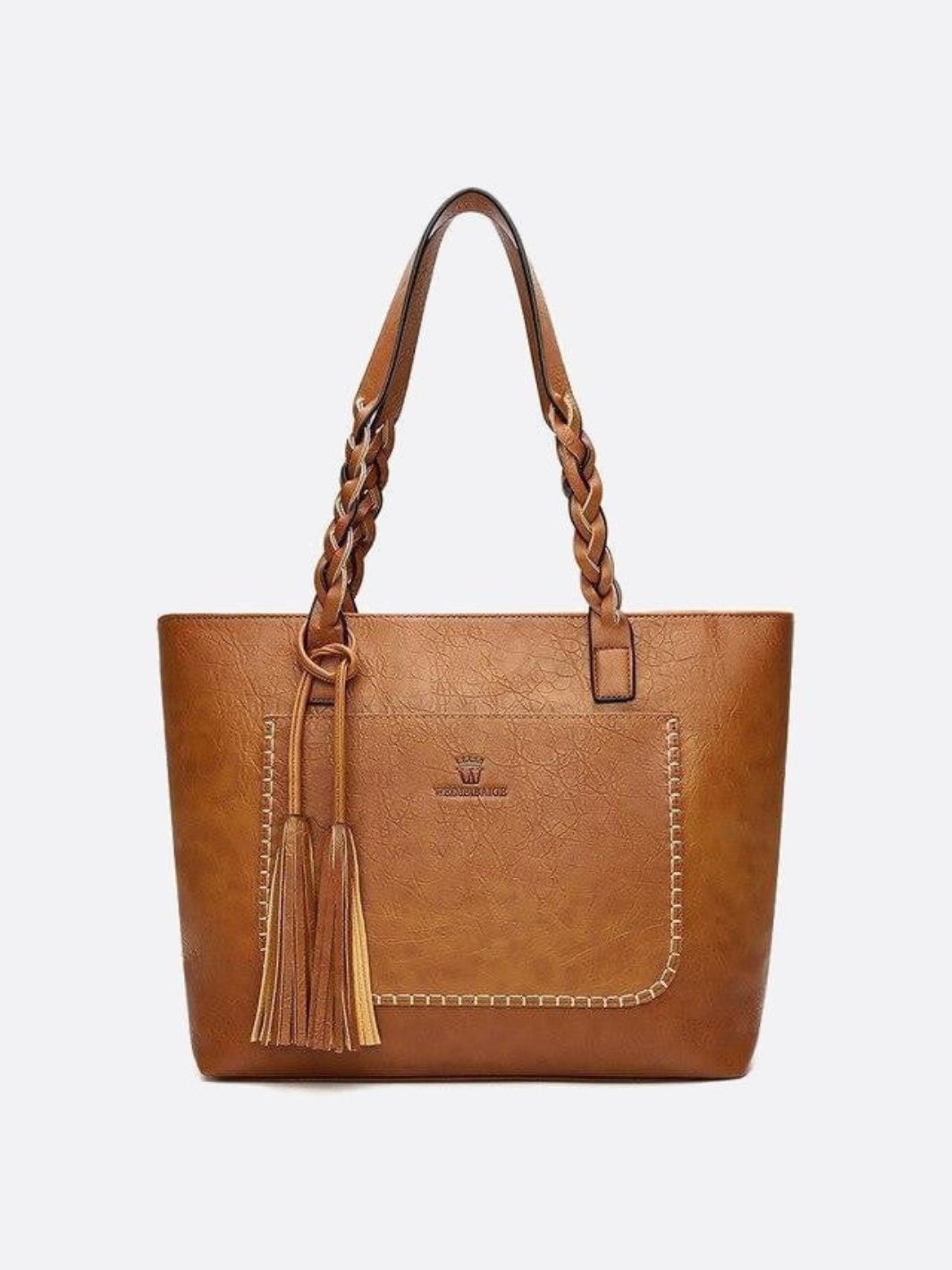 Boho Leather Tote Bag – Braided Straps & Tassel Charm - in Camel | Arvea Bags