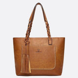 Boho Leather Tote Bag – Braided Straps & Tassel Charm - in Camel | Arvea Bags