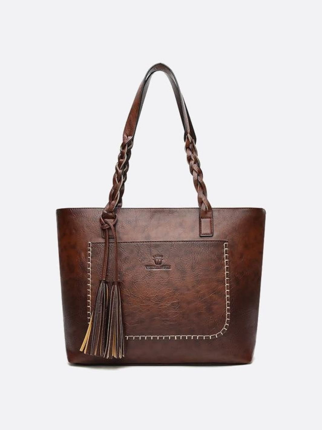 Boho Leather Tote Bag – Braided Straps & Tassel Charm - in Dark Brown | Arvea Bags