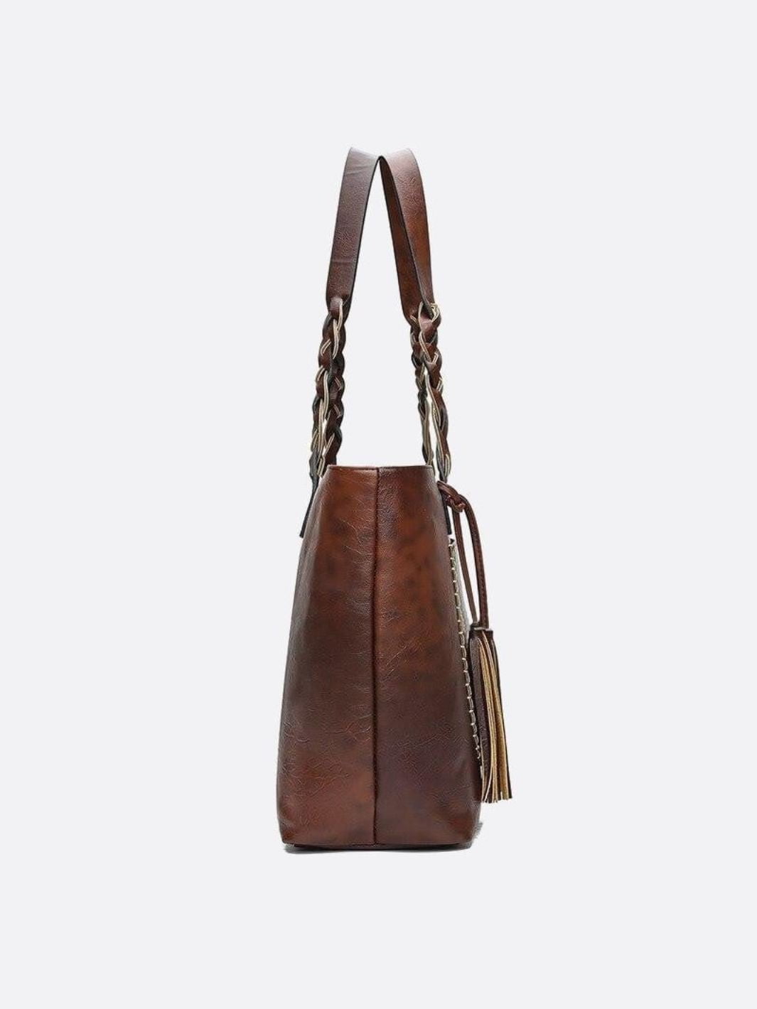 Boho Leather Tote Bag – Braided Straps & Tassel Charm - in Dark Brown | Arvea Bags