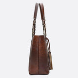 Boho Leather Tote Bag – Braided Straps & Tassel Charm - in Dark Brown | Arvea Bags