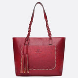 Boho Leather Tote Bag – Braided Straps & Tassel Charm - in Red | Arvea Bags