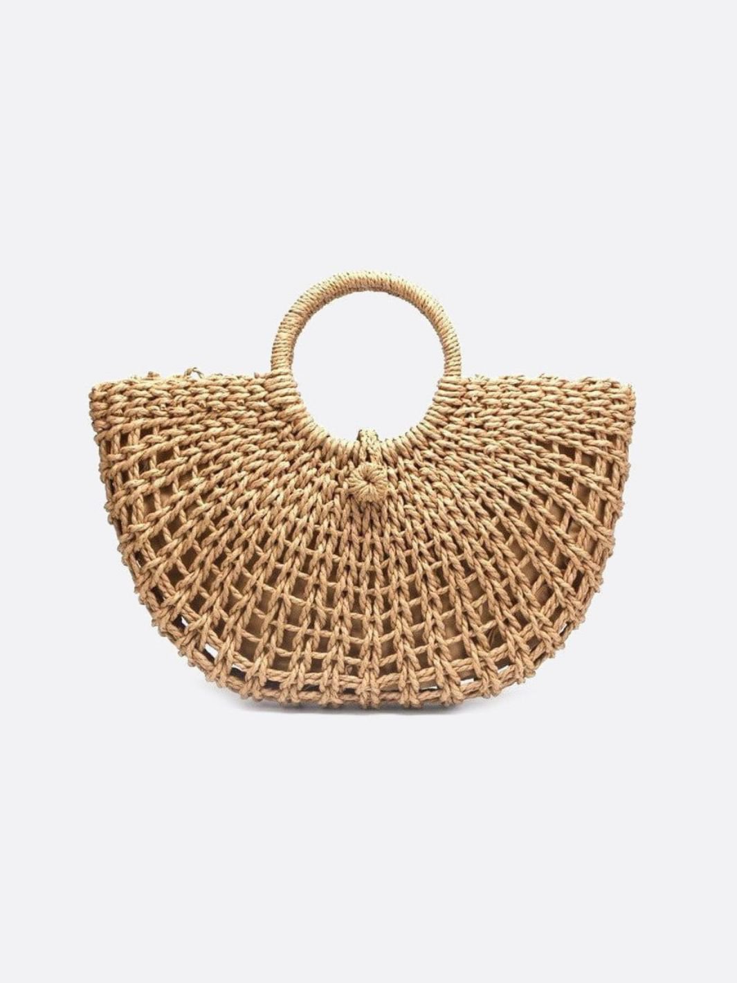 Handwoven Fan - Shaped Tote Bag – Round Handle Beach Basket - in Light Brown | Arvea Bags