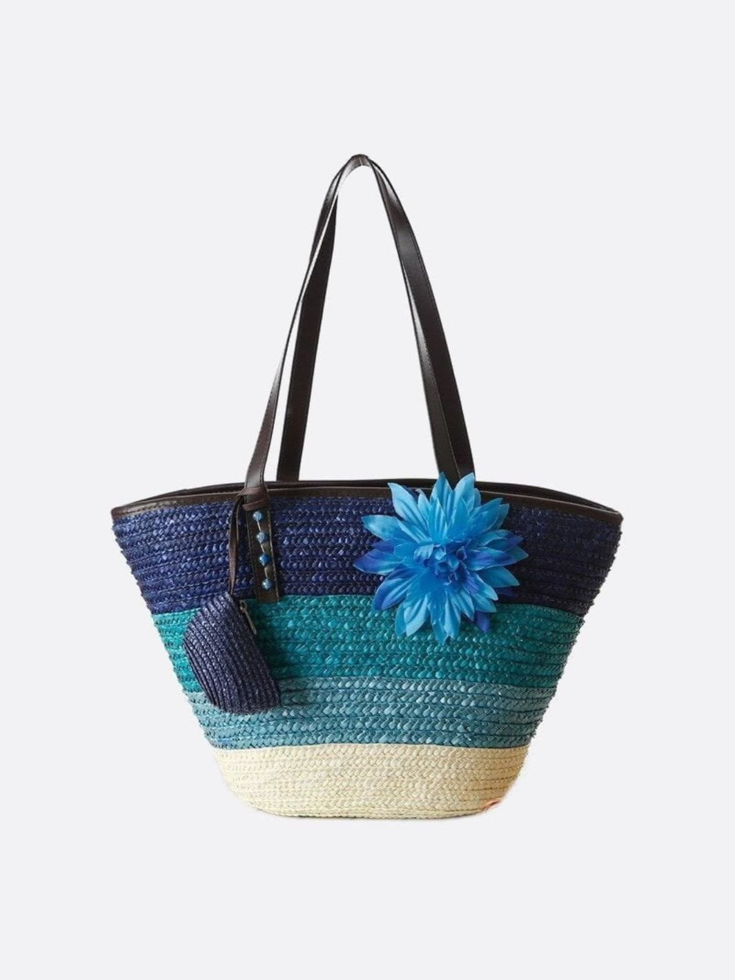 Marbella Bloom Straw Tote – Woven Beach Bag - in Blue | Arvea Bags