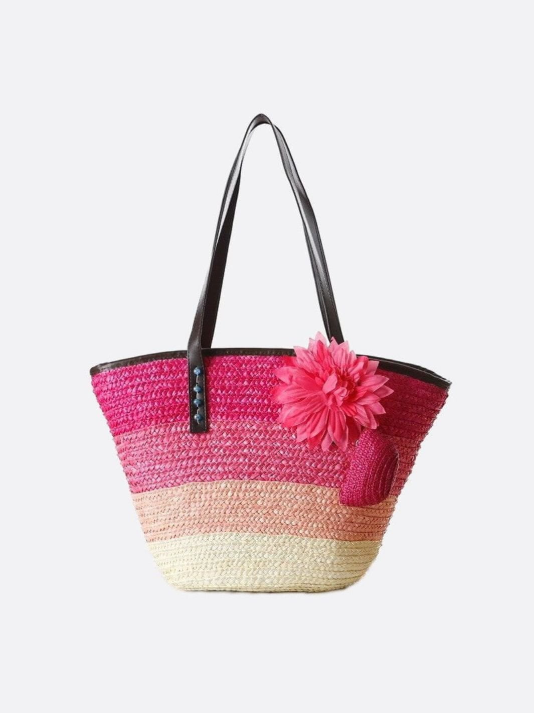 Marbella Bloom Straw Tote – Woven Beach Bag - in Salmon Pink | Arvea Bags