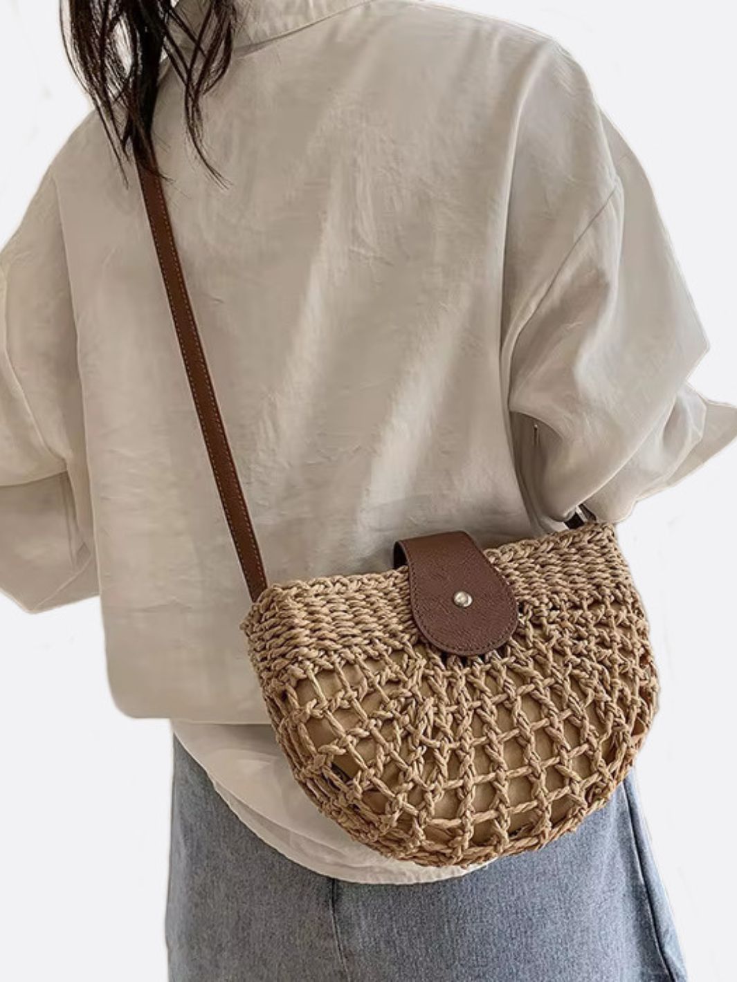 Rio Half - Moon Rope Crossbody Bag – Open - Weave Straw Bag - in Light Brown | Arvea Bags