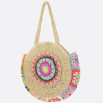 Round Crochet Woven Bag – Boho Shoulder Tote with Colorful Detailing - in Beige | Arvea Bags