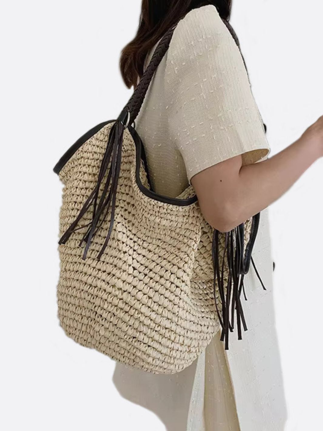 Sierra Soft Straw Shoulder Bag – Woven Hobo Tote - in Beige | Arvea Bags
