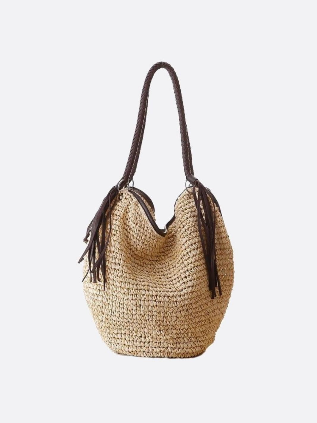 Sierra Soft Straw Shoulder Bag – Woven Hobo Tote - in Beige | Arvea Bags