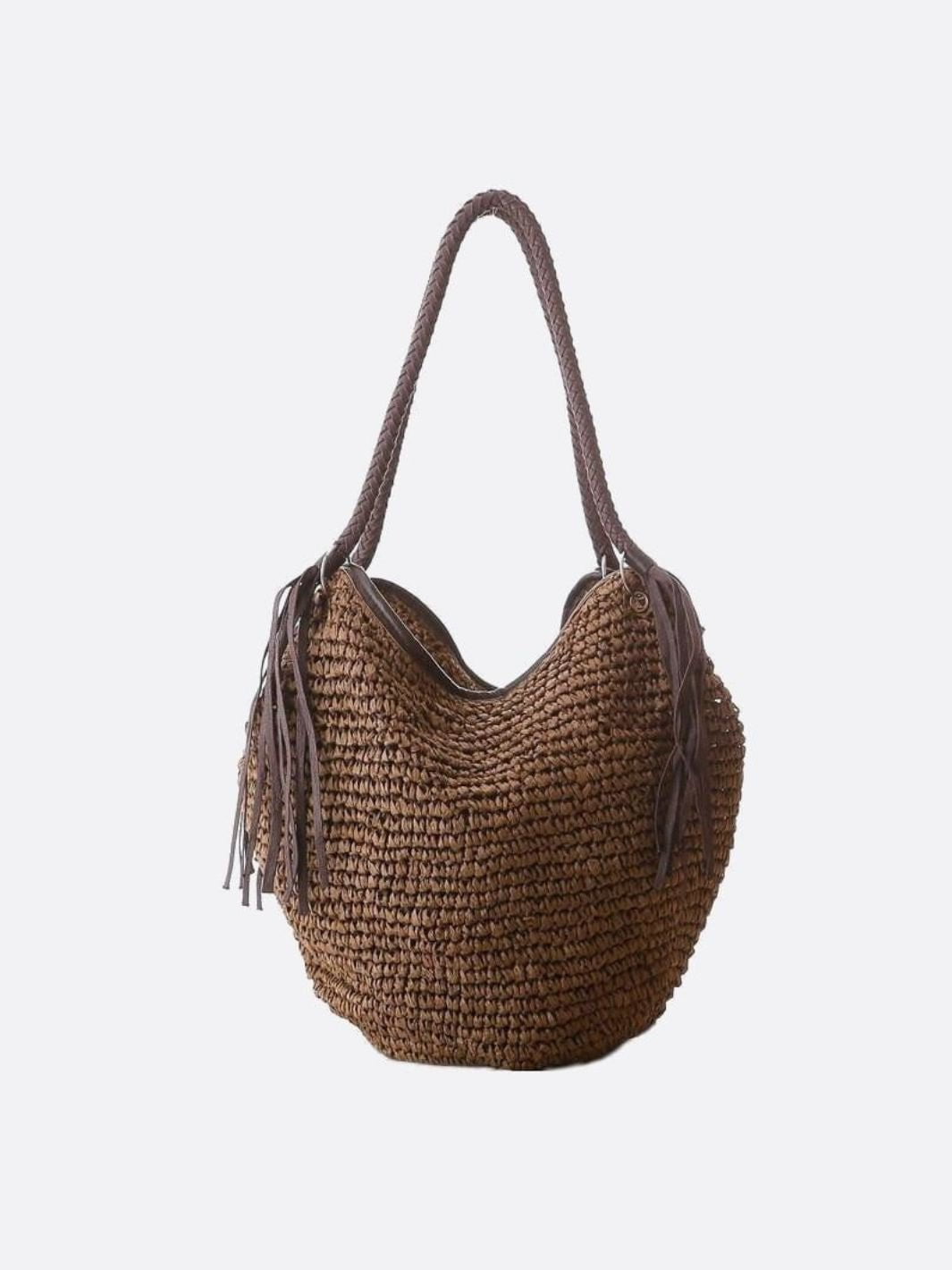Sierra Soft Straw Shoulder Bag – Woven Hobo Tote - in Brown | Arvea Bags
