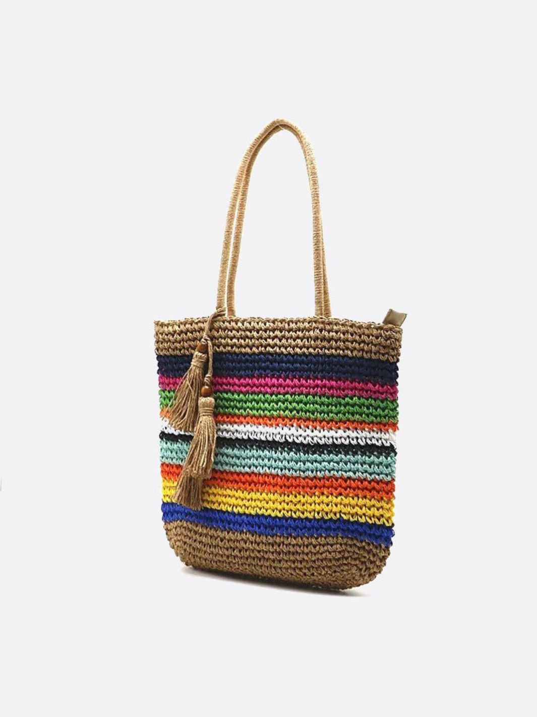 Striped Woven Tote Bag with Tassel Detail - in Mulicolor | Arvea Bags