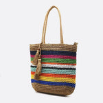 Striped Woven Tote Bag with Tassel Detail - in Mulicolor | Arvea Bags