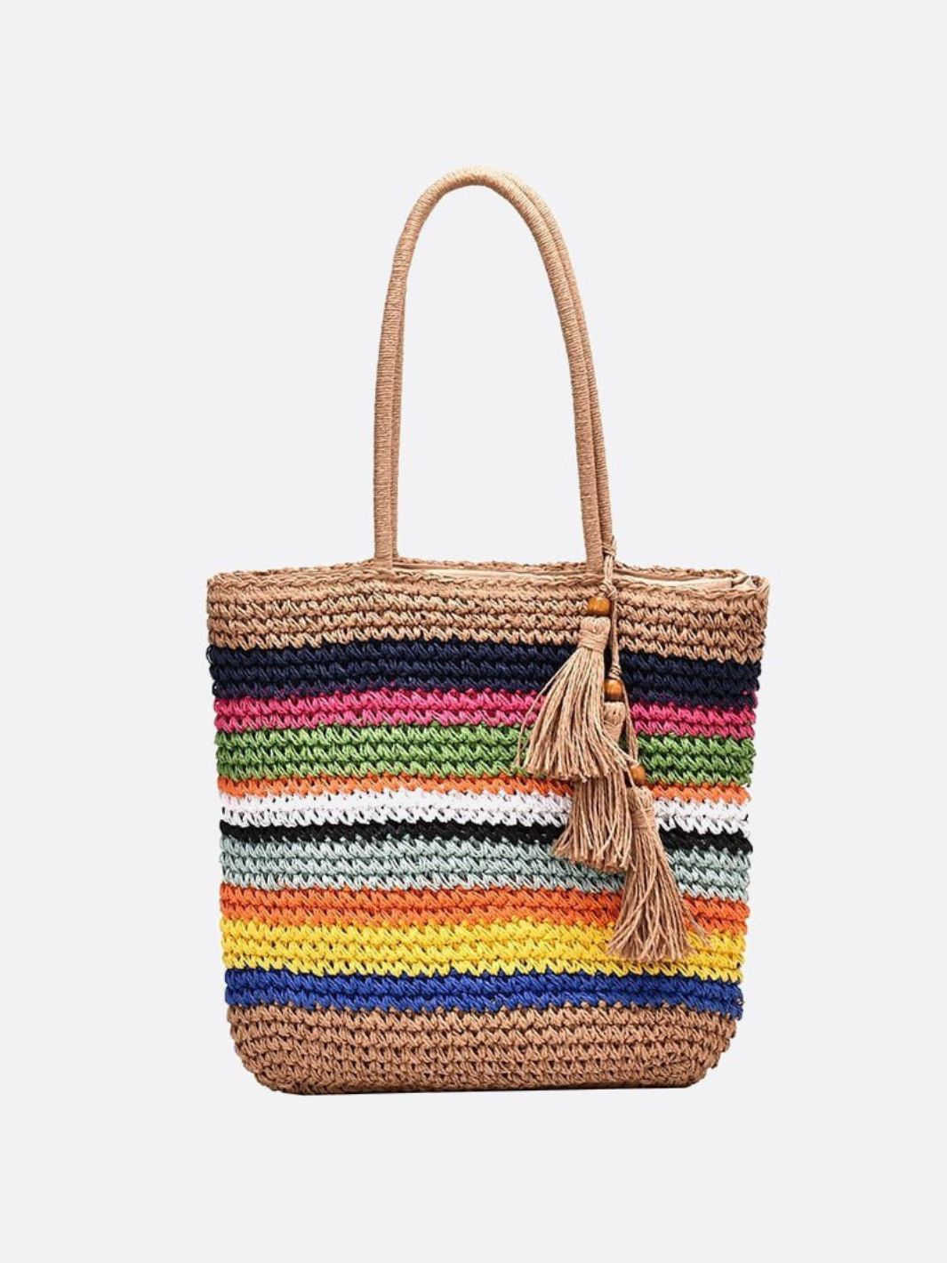 Striped Woven Tote Bag with Tassel Detail - in Mulicolor | Arvea Bags