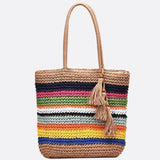Striped Woven Tote Bag with Tassel Detail - in Mulicolor | Arvea Bags