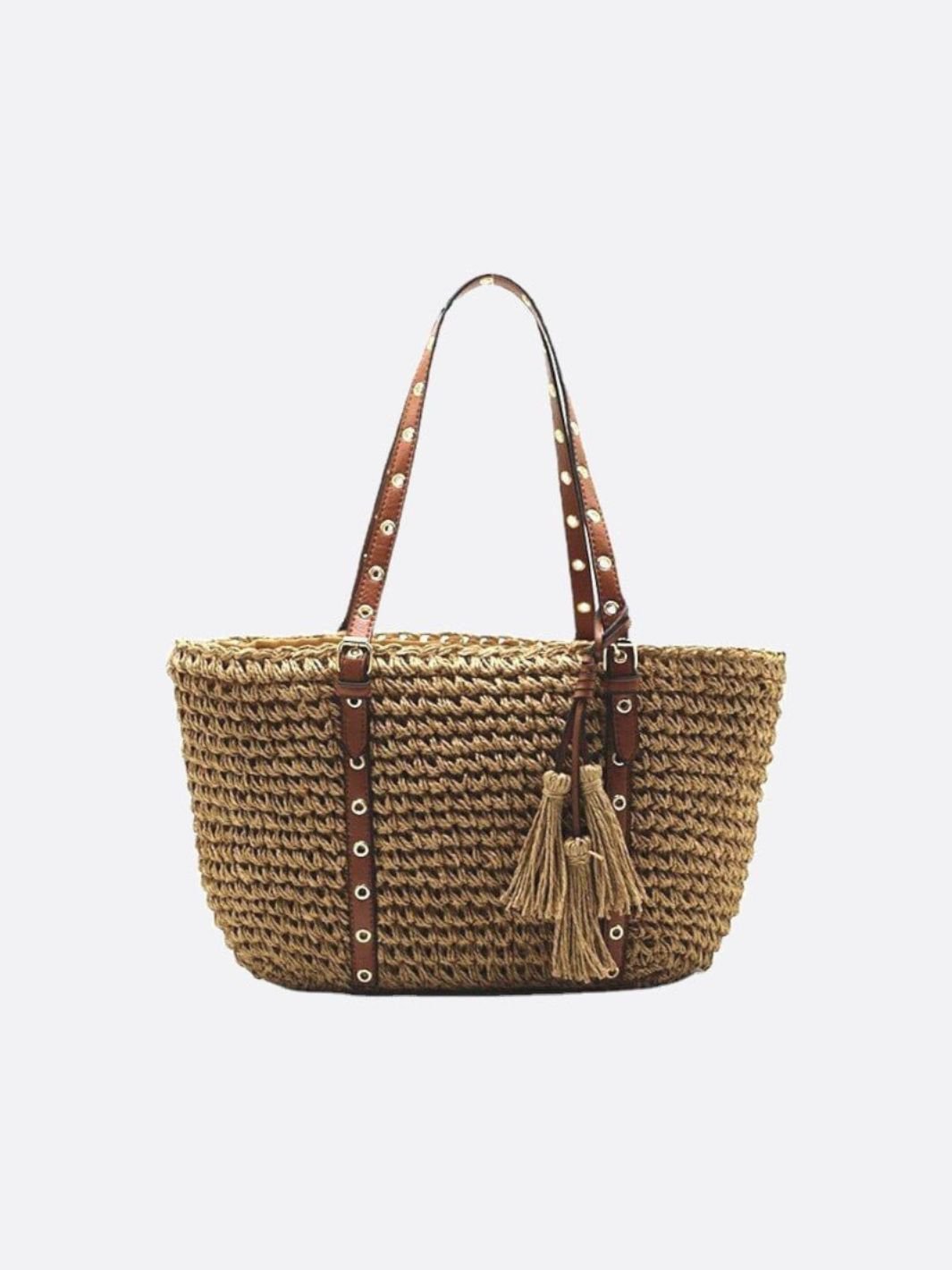 Woven Basket Tote Bag with Tassels – Grommet Strap Shoulder Bag - in Light Brown | Arvea Bags