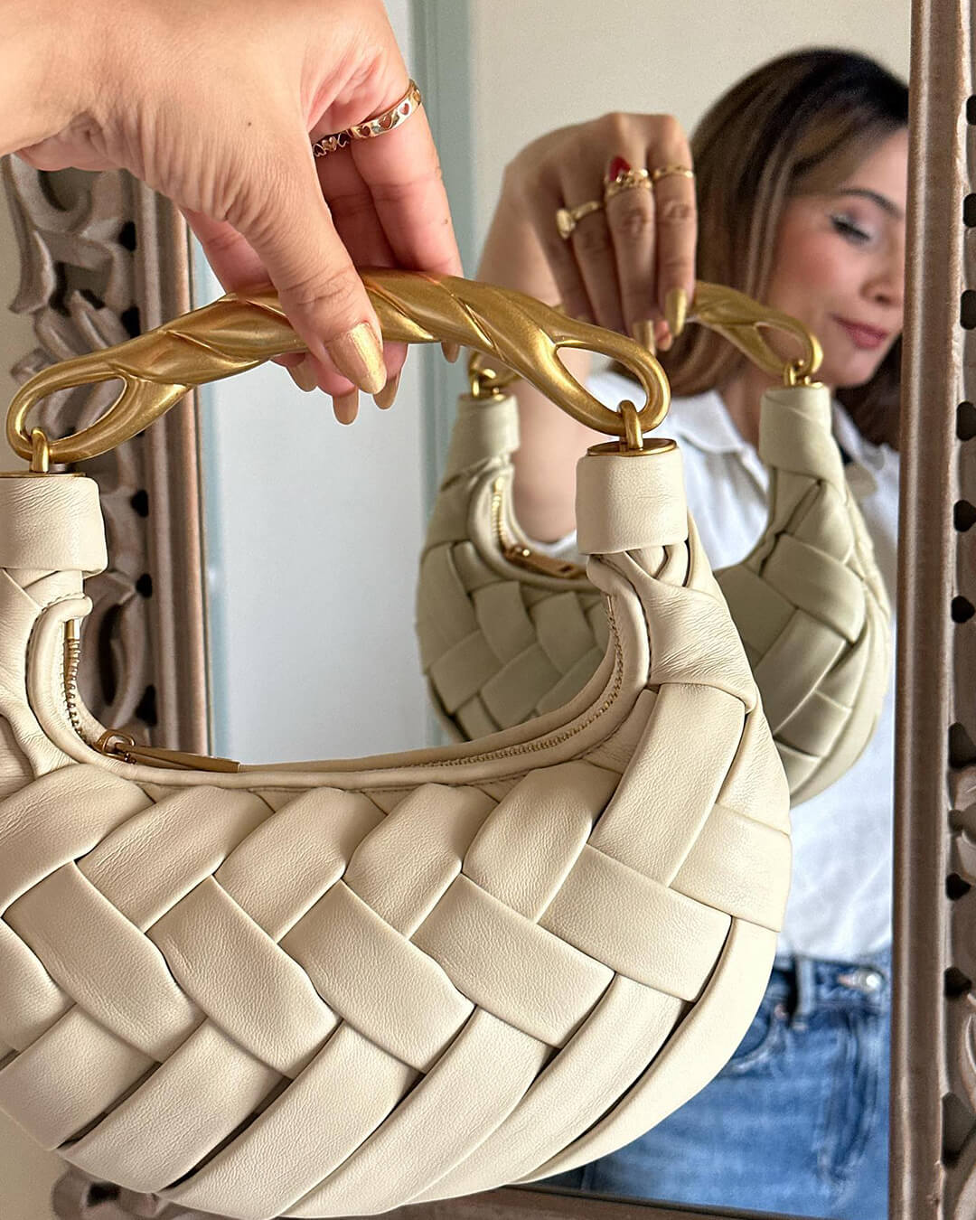 Alexandra Hobo Mini Bag with Golden Handle – Woven Textured Statement Handbag - in Beige | Arvea Bags