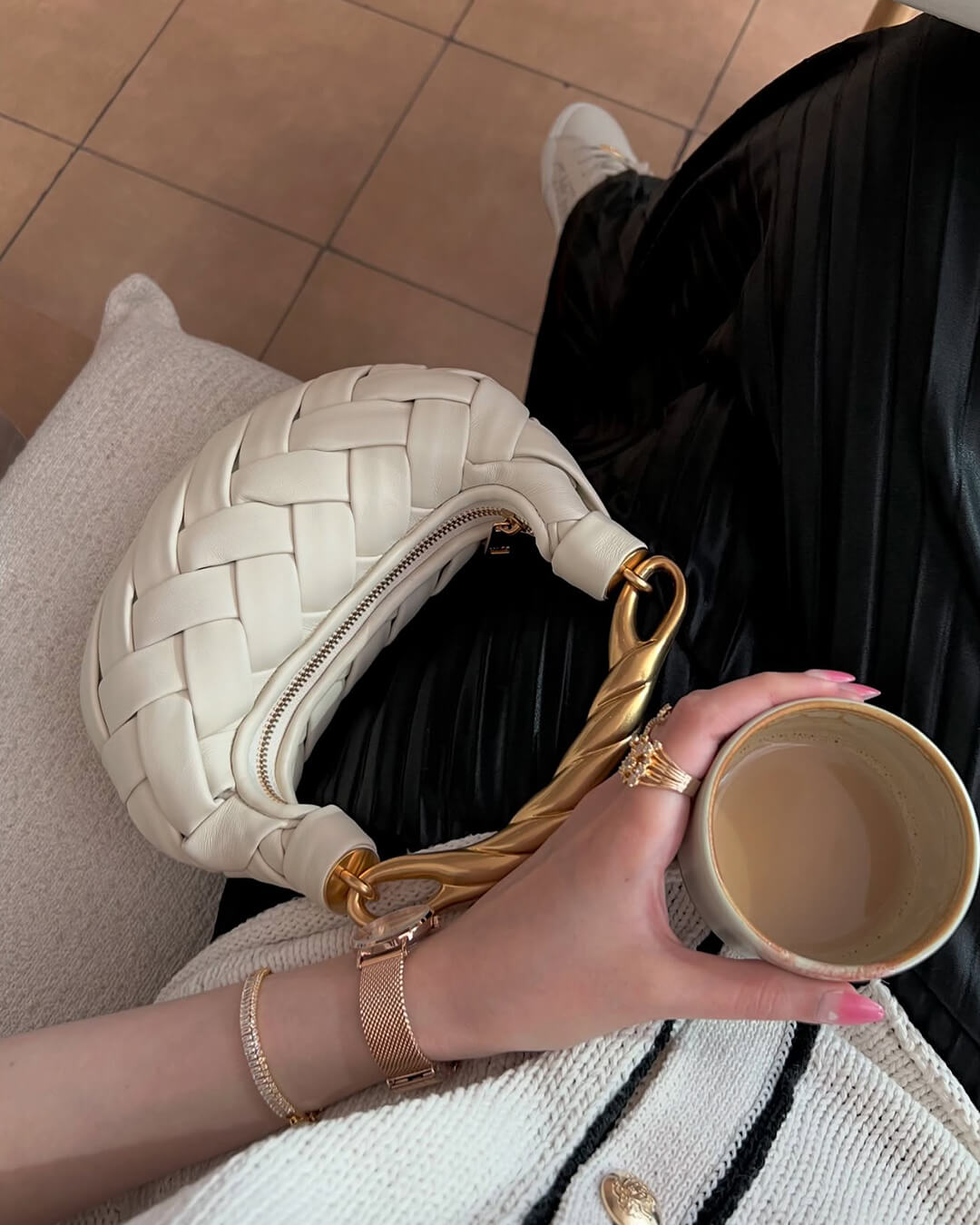 Alexandra Hobo Mini Bag with Golden Handle – Woven Textured Statement Handbag - in Beige | Arvea Bags