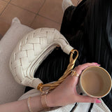 Alexandra Hobo Mini Bag with Golden Handle – Woven Textured Statement Handbag - in Beige | Arvea Bags