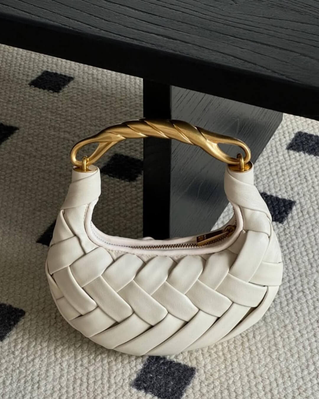 Alexandra Hobo Mini Bag with Golden Handle – Woven Textured Statement Handbag - in Beige | Arvea Bags
