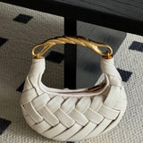 Alexandra Hobo Mini Bag with Golden Handle – Woven Textured Statement Handbag - in Beige | Arvea Bags