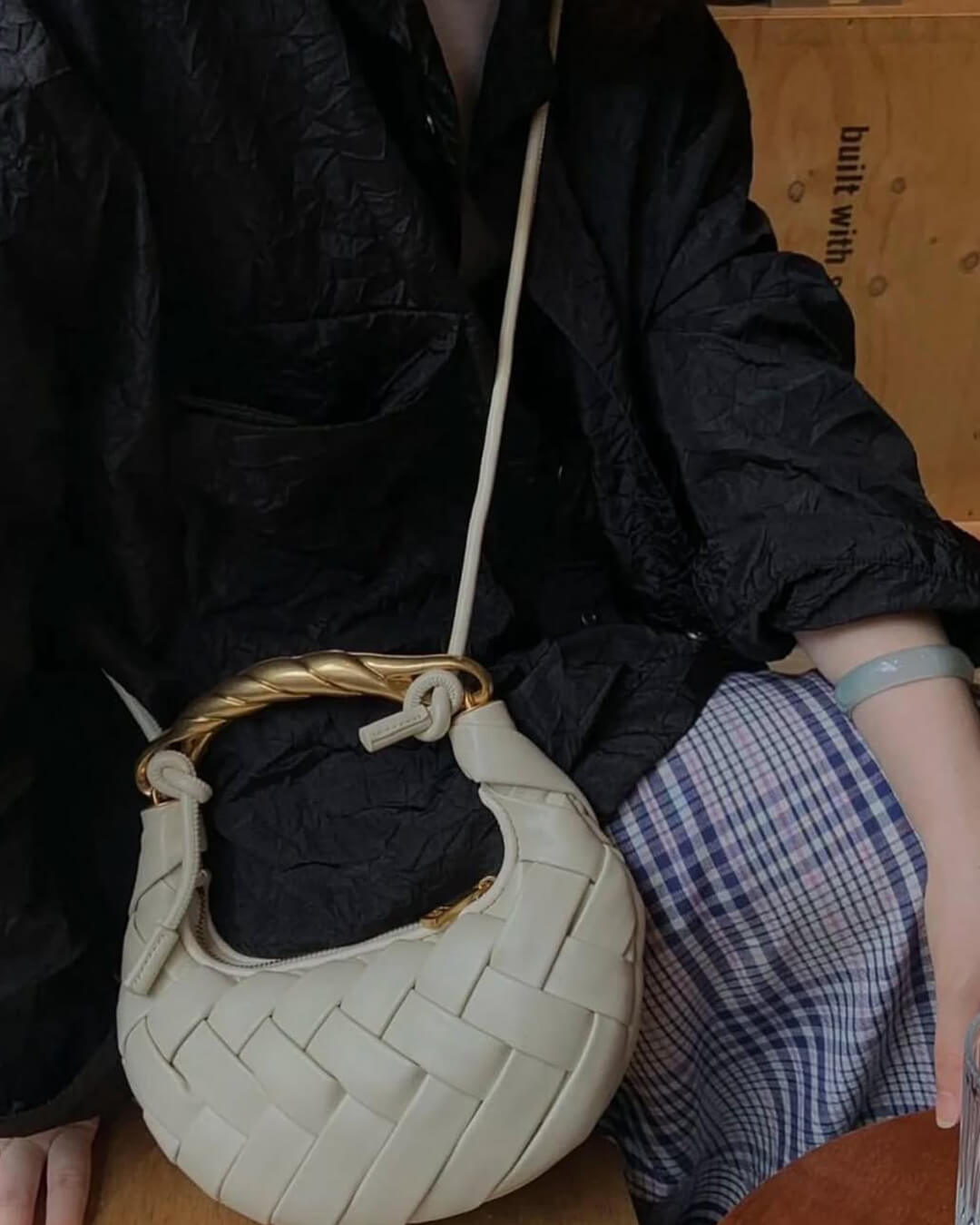 Alexandra Hobo Mini Bag with Golden Handle – Woven Textured Statement Handbag - in Beige | Arvea Bags