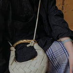 Alexandra Hobo Mini Bag with Golden Handle – Woven Textured Statement Handbag - in Beige | Arvea Bags