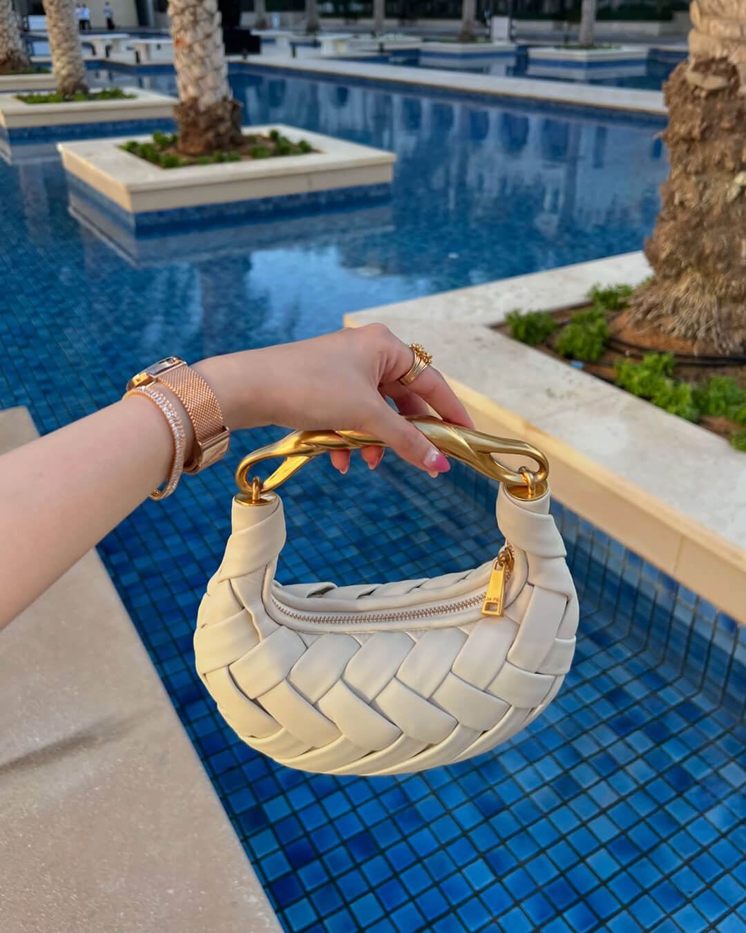 Alexandra Hobo Mini Bag with Golden Handle – Woven Textured Statement Handbag - in Beige | Arvea Bags