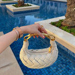 Alexandra Hobo Mini Bag with Golden Handle – Woven Textured Statement Handbag - in Beige | Arvea Bags
