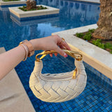 Alexandra Hobo Mini Bag with Golden Handle – Woven Textured Statement Handbag - in Beige | Arvea Bags