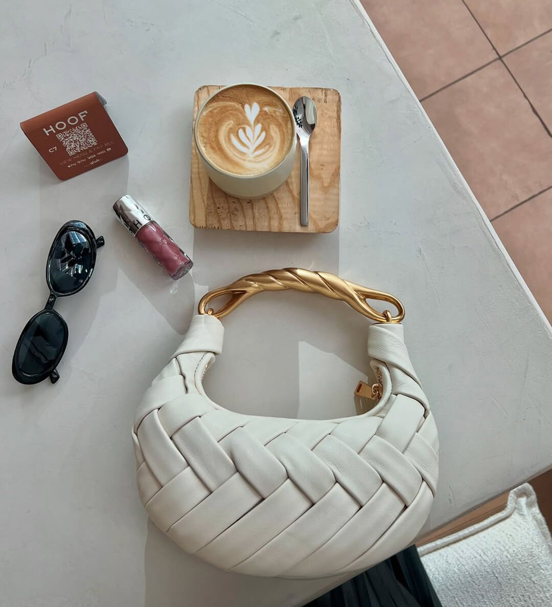 Alexandra Hobo Mini Bag with Golden Handle – Woven Textured Statement Handbag - in White | Arvea Bags