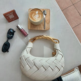 Alexandra Hobo Mini Bag with Golden Handle – Woven Textured Statement Handbag - in White | Arvea Bags
