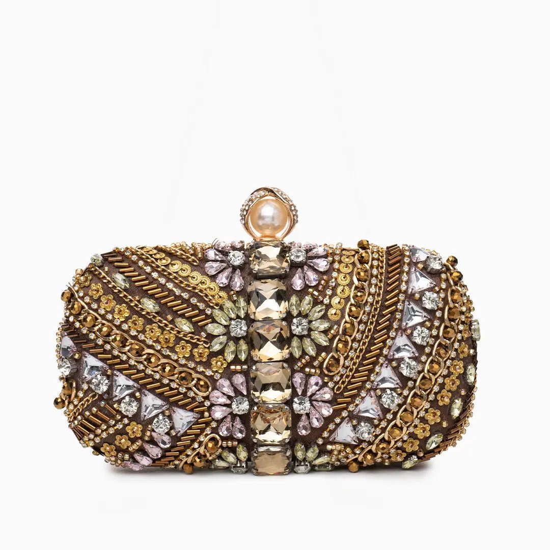 Amara | Hand - Beaded Bohemian Luxe Evening Clutch – Artful Elegance - in Brown | Arvea Bags
