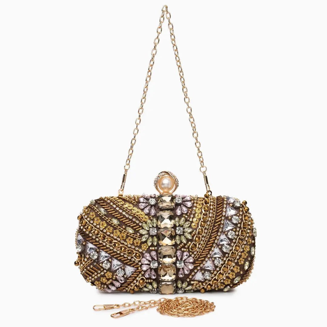 Amara | Hand - Beaded Bohemian Luxe Evening Clutch – Artful Elegance - in Brown | Arvea Bags
