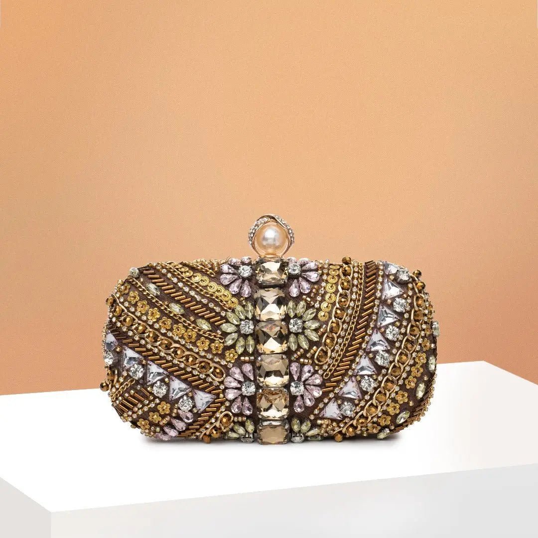Amara | Hand - Beaded Bohemian Luxe Evening Clutch – Artful Elegance - in Brown | Arvea Bags