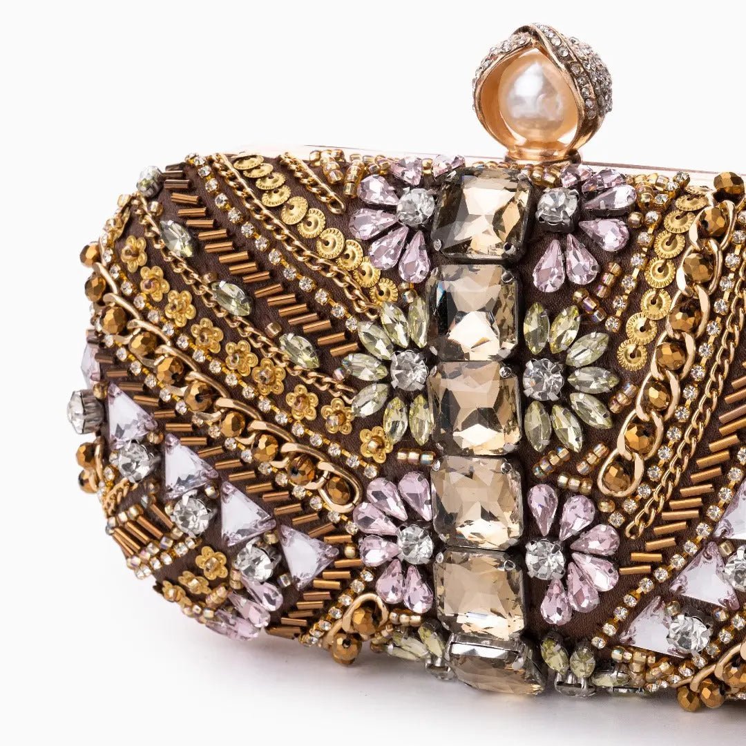 Amara | Hand - Beaded Bohemian Luxe Evening Clutch – Artful Elegance - in Brown | Arvea Bags