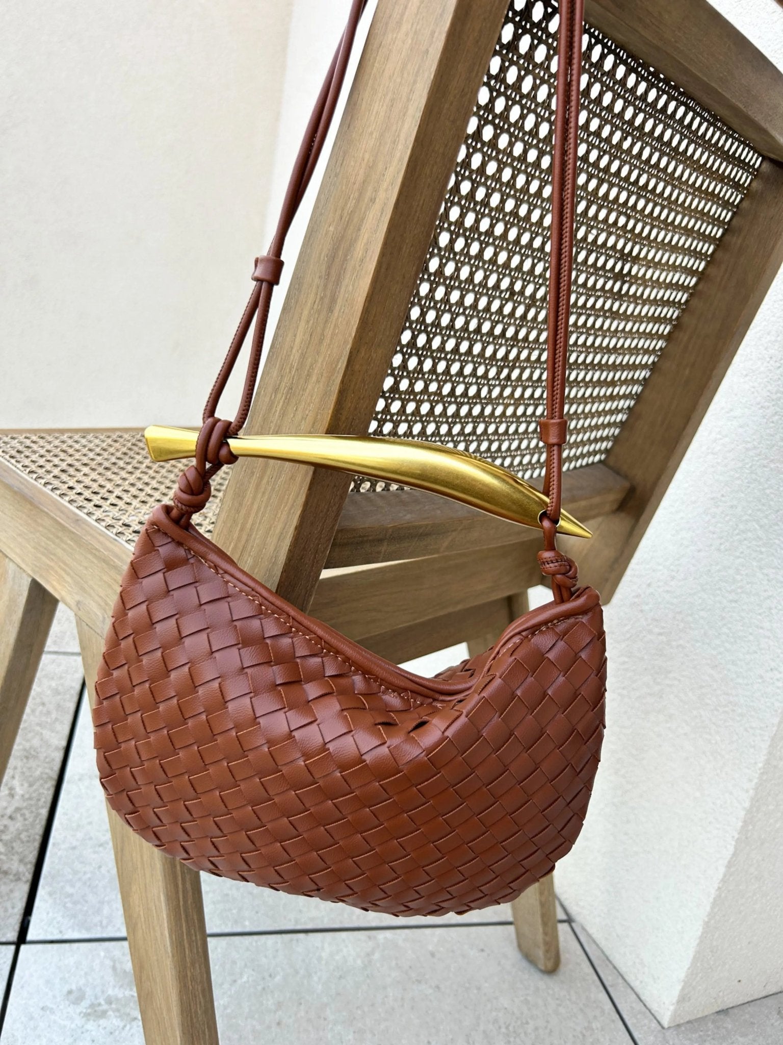 Amara Woven Leather Handbag – Sculptural Handle Designer - Inspired Bag - in Brown | Arvea Bags