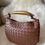 Amara Woven Leather Handbag – Sculptural Handle Designer - Inspired Bag - in Brown | Arvea Bags