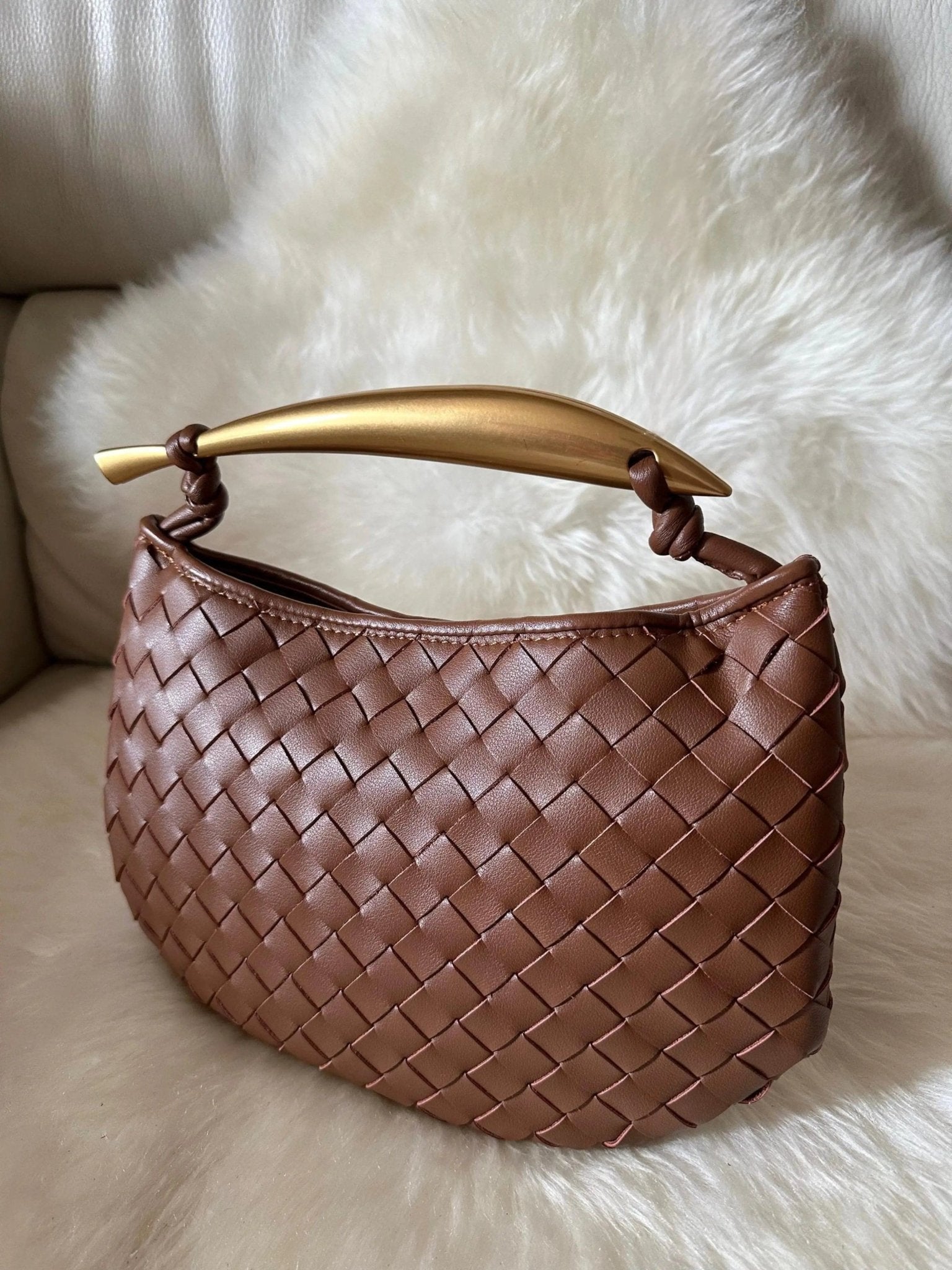 Amara Woven Leather Handbag – Sculptural Handle Designer - Inspired Bag - in Brown | Arvea Bags