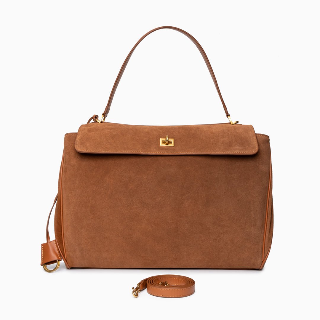 Amy Classic Suede Flap Bag with Top Handle – Timeless Structured Handbag - in Caramel | Arvea Bags