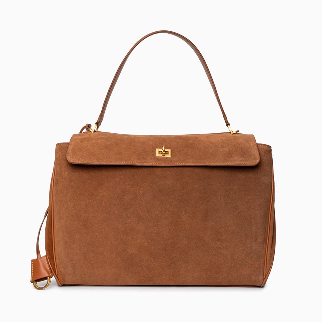 Amy Classic Suede Flap Bag with Top Handle – Timeless Structured Handbag - in Caramel | Arvea Bags