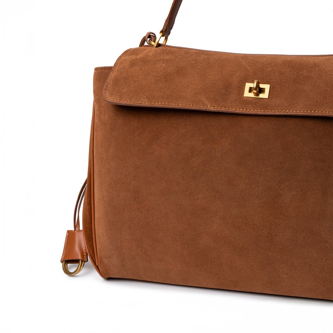 Amy Classic Suede Flap Bag with Top Handle – Timeless Structured Handbag - in Caramel | Arvea Bags