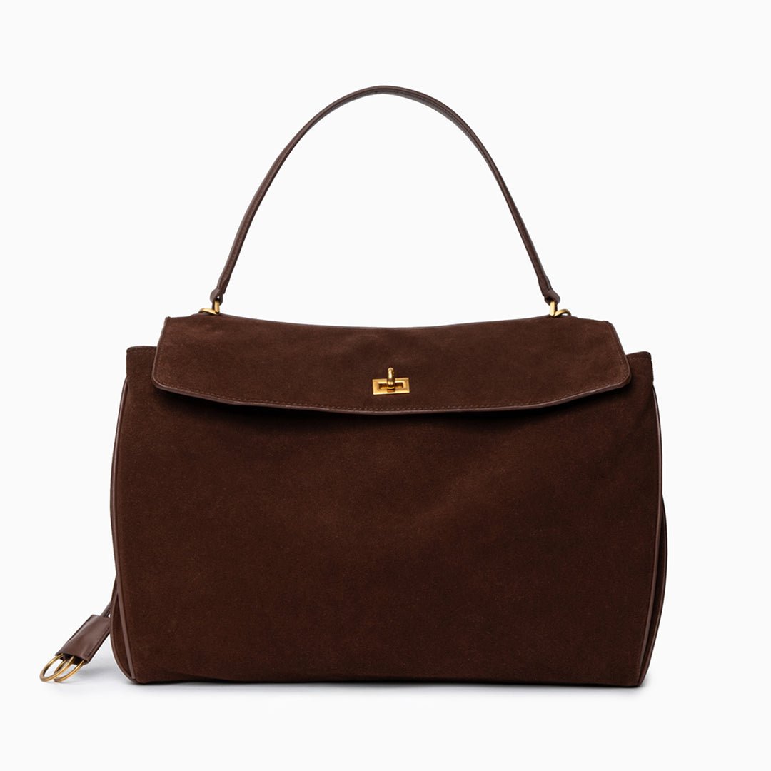 Amy Classic Suede Flap Bag with Top Handle – Timeless Structured Handbag - in Dark Brown | Arvea Bags