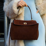 Amy Classic Suede Flap Bag with Top Handle – Timeless Structured Handbag - in Dark Brown | Arvea Bags