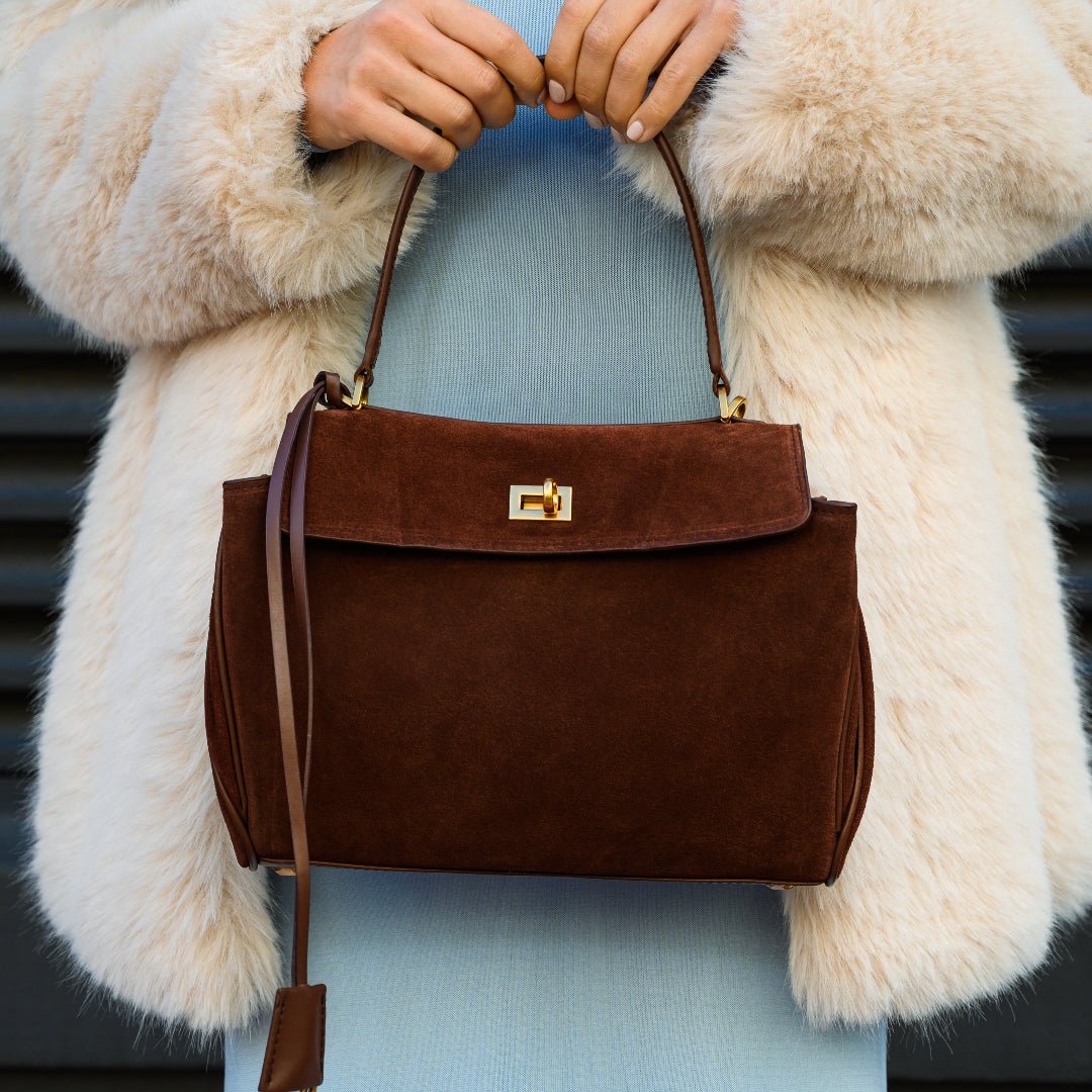 Amy Classic Suede Flap Bag with Top Handle – Timeless Structured Handbag - in Dark Brown | Arvea Bags