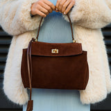 Amy Classic Suede Flap Bag with Top Handle – Timeless Structured Handbag - in Dark Brown | Arvea Bags