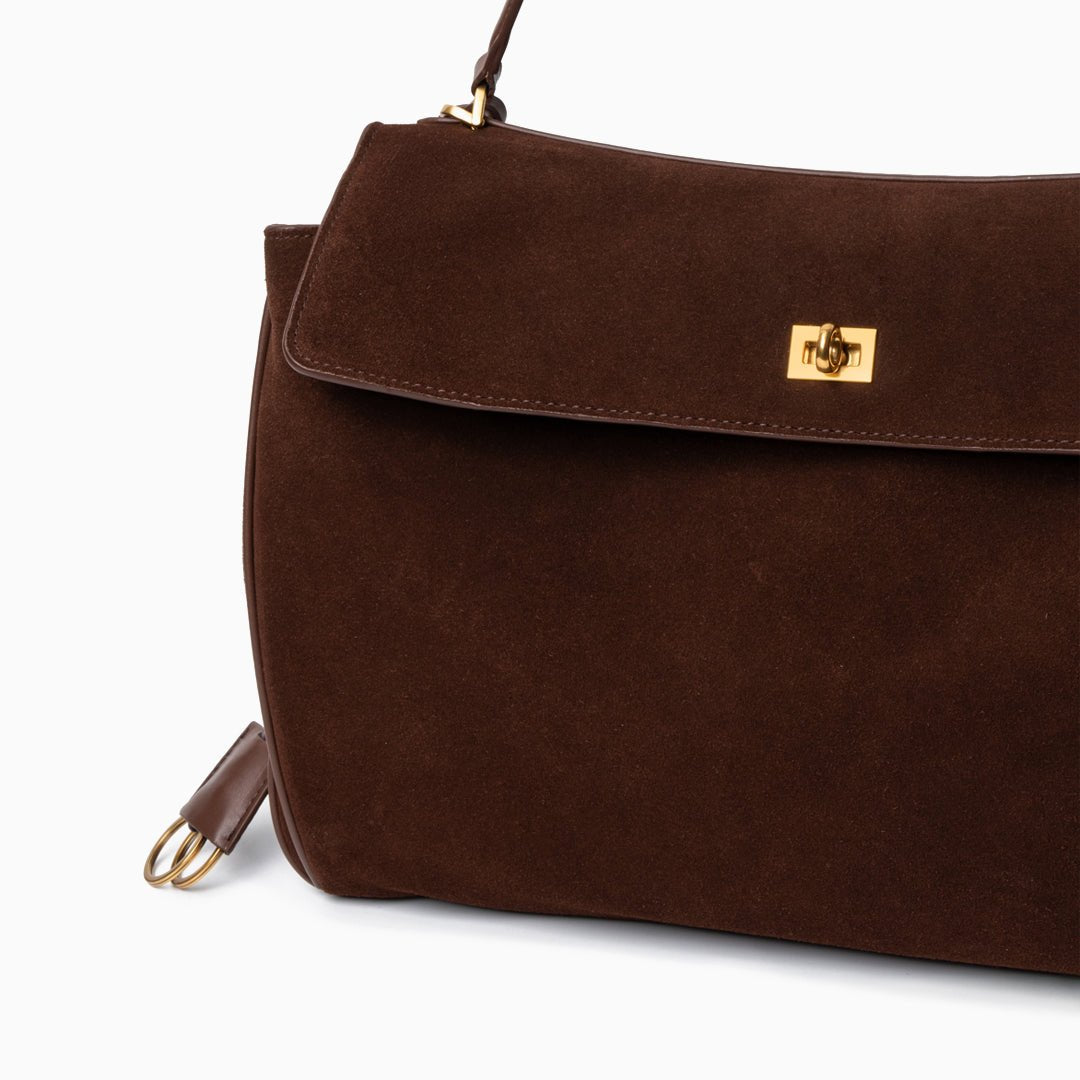 Amy Classic Suede Flap Bag with Top Handle – Timeless Structured Handbag - in Dark Brown | Arvea Bags