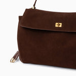 Amy Classic Suede Flap Bag with Top Handle – Timeless Structured Handbag - in Dark Brown | Arvea Bags