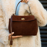 Amy Classic Suede Flap Bag with Top Handle – Timeless Structured Handbag - in Dark Brown | Arvea Bags
